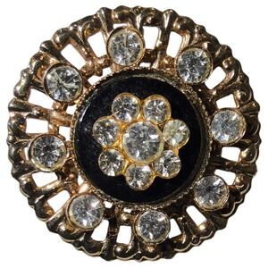 Vintage Victorian Revival Gold Black Enamel Rhinestone Brooch Small Floral Pin